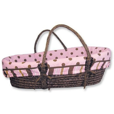 Trend Lab Maya Moses Basket Set - Sage Basket with Maya Pink, Brown Polka Dot Wrap Style Bumper and Pink Mattress Cover Sheet