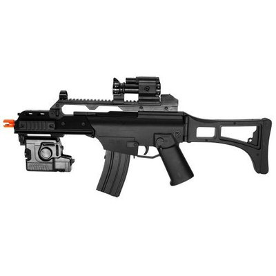 Electric Powered Combat Elite Arms G36 Open Stock FPS-240 Airsoft Gun, Flashlight, Gun Strap, Mock Sight