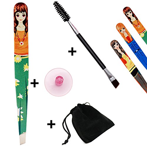 Happiest Eyebrow Tweezers Set for Women & Teens; Precision Slant Tweezers with 3 Special Bonuses: Dual-sided Eyebrow Brush & Suction Cup & Velvet Travel Bag; Perfect Gift Set; (Redhead)