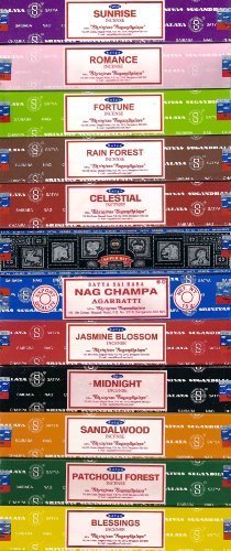 Nag Champa Sunrise Sandalwood Midnight Patchouli Celestial Fortune Blessings Romance Super Hit Jasmine Blossom Rain forest by Satya Gift Set