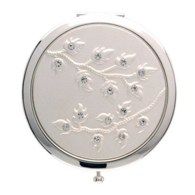Welforth Silver Round Compact Mirror (Leaves w/Clear Rhinestones) Model No. S4078SIL