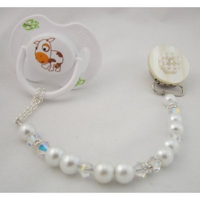 Crystal Dream Baby White Lacy Flower Pacifier Clip