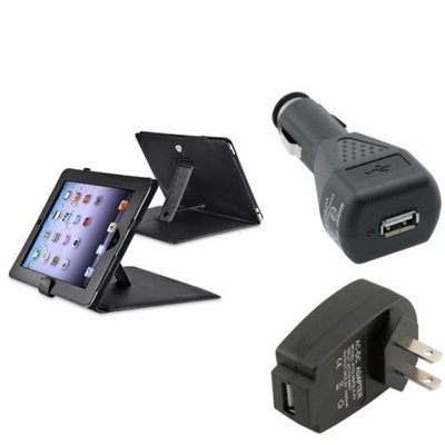 Insten INSTEN For iPad 1 Black Leather Cover Case+Wall+Car Charger