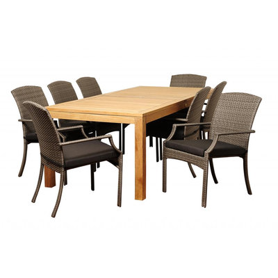 Orient 9 Piece Rectangular Teak/Synthetic Wicker Patio Dining Set with Grey Cushions