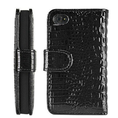 iCustomized Leegoal(TM) Black Wallet Style Magnetic Flip Textured Crocodile Leather Case with Credit Card / ID Slots for iPhone 4 4s