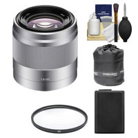 Sony Alpha NEX E-Mount 50mm f/1.8 OSS Lens (Silver) with NP-FW50 Battery + Filter + Lens Pouch Kit for A7, A7R, A7S, A3000, A5000, A5100, A6000 Camera