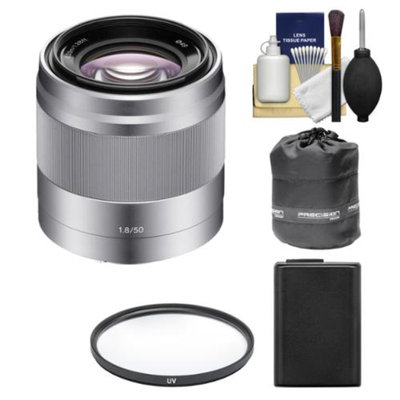 Sony Alpha NEX E-Mount 50mm f/1.8 OSS Lens (Silver) with NP-FW50 Battery + Filter + Lens Pouch Kit for A7, A7R, A7S, A3000, A5000, A5100, A6000 Camera