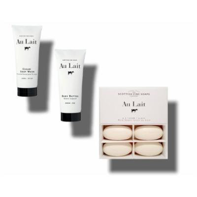 Au Lait Cream Body Wash 7 Oz. + Body Butter 7 Oz. + Milk Soap 4 X 100 Gm 3.5 Oz. Bundle (3-items)