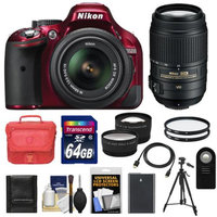 Nikon D5200 Digital SLR Camera & 18-55mm G VR DX AF-S Zoom Lens (Red) with 55-300mm VR Lens + 64GB Card + Case + Battery + Tripod + Filters + Tele/Wide-Angle Lenses + Accessory Kit