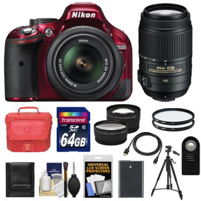 Nikon D5200 Digital SLR Camera & 18-55mm G VR DX AF-S Zoom Lens (Red) with 55-300mm VR Lens + 64GB Card + Case + Battery + Tripod + Filters + Tele/Wide-Angle Lenses + Accessory Kit