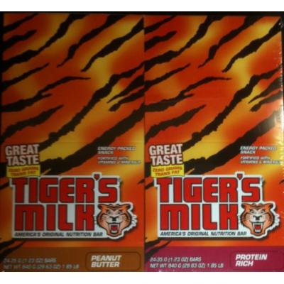 Tiger's Milk 24 Ct 1.23 Oz Nutrition Bar. Includes 12 Protein Rich and 12 Peanut Butter Bars.