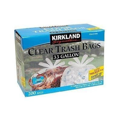 Kirkland Signature 33 Gallon Clear Trash Bags - 200 Bags with Smart Ties
