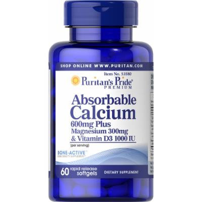 Puritan's Pride Absorbable Calcium 600mg plus Magnesium 300mg & Vitamin D 1000iu-60 Softgels