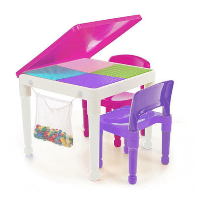 Tot Tutors 2-in-1 Pink Girls Plastic Building Block Compatible Construction Table and 2 Chairs Set
