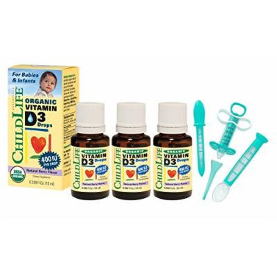 Child Life Organic Vitamin D3 Liquid 0.338 Fluid Ounce (10 ml) - 3 Pack with Medicine Dispenser Kit