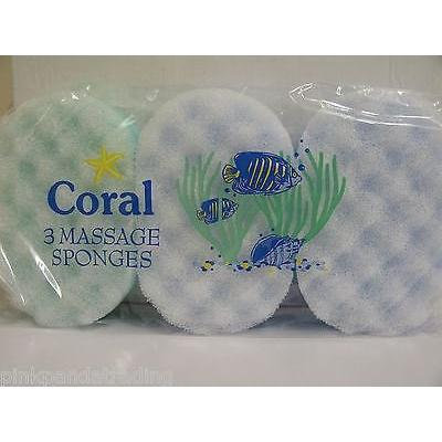 3 X PACKS OF CORAL BATH MASSAGE SPONGES PACKS OF 3 MULTI COLOURS 14.5x9.5x4.5CM