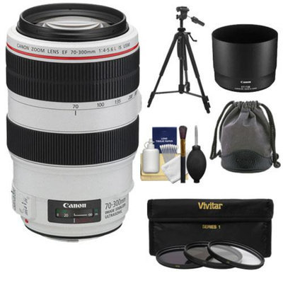 Canon EF 70-300mm f/4-5.6 L IS USM Zoom Lens + 3 UV/ND8/CPL Filters + Tripod Kit for EOS 6D, 70D, 5D Mark II III, Rebel T3, T3i, T4i, T5, T5i, SL1 DSLR Cameras