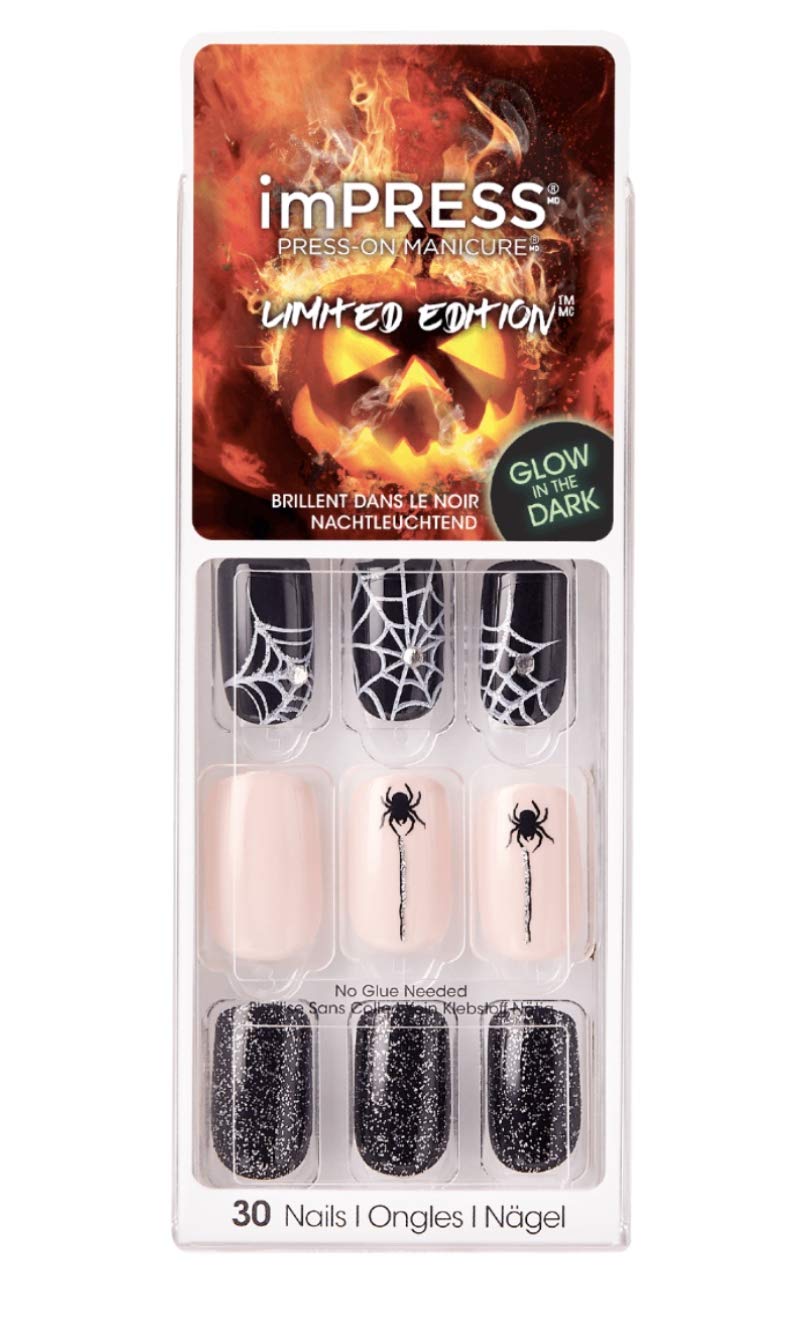 Kiss Nails Impress Press On Manicure Glow In The Dark Halloween Black