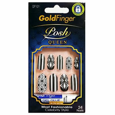 Gold Finger Posh Queen Celebrity style 24 PLUS SIZE Nails- Black and White Stripe