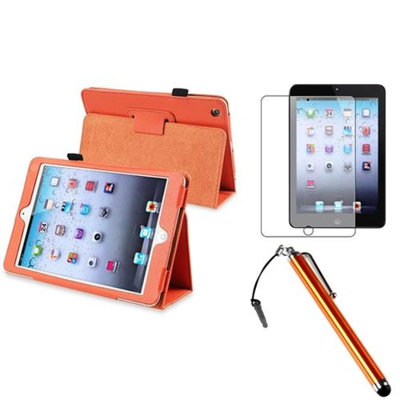 Insten iPad Mini 3/2/1 Case, by INSTEN Orange PU Leather Folio Case Sleep Wake For Apple iPad Mini 1st 2nd 3rd+Matte Guard/Pen