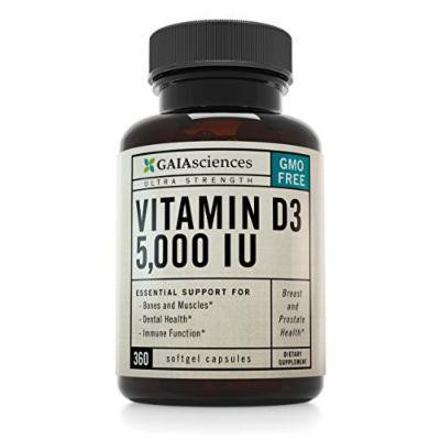Gaia Sciences Vitamin D3 5,000 IU in Cold-Pressed Organic Olive Oil, GMO-Free, High Potency Softgels, 360 ct.
