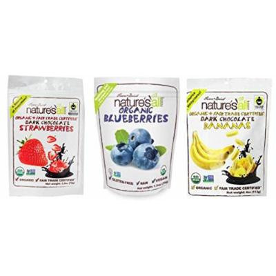 Nature's All Organic Freeze Dried Fruit 3 Flavor Variety Bundle: (1) Nature's All Organic & Fair Trade Dark Chocolate Strawberries, (1) Nature's All Organic & Fair Trade Dark Chocolate Bananas, and (1) Nature's All Organic Gluten-Free Blueberries,...