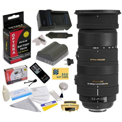 Sigma 50-500mm f/4.5-6.3 APO DG OS HSM Lens (738306) With 3 Year Warranty for Nikon DSLR Camera with EN-EL3E 2000MAH, Charger, Cleaning Kit, Remote Control, Microfiber Cloth, $50 Gift Card