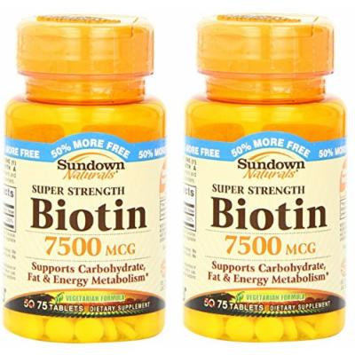 Sundown Naturals Super Strength Biotin 7500 Mcg Tablets, 75 Count (2 X 75 Count Bottles)