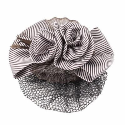 Lady Brown Stripe Pattern Flower Bowknot Snood Net Barrette Hair Clip Bun Cover