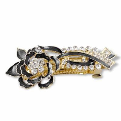Rhinestone Accent Black Floral Design Hair Clip Barrette for Ladies