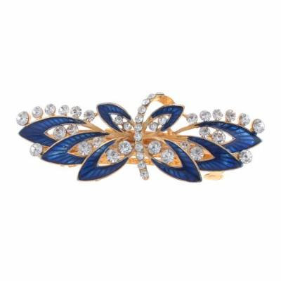 Woman Royal Blue Flower Decor Metal Barrette Hairclip French Clip Gold Tone