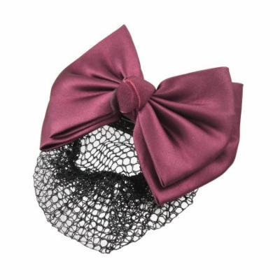 Burgundy Two Layer Bow Snood Net Metal Barrette Hair Clip for Woman