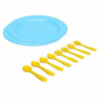 Green Eats Large Plates with Feeding Spoons & Forks, Blue/Yellow
