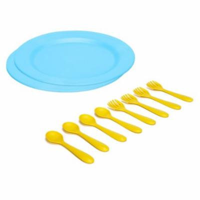 Green Eats Large Plates with Feeding Spoons & Forks, Blue/Yellow