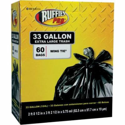 Ruffies Pro Extra Large Wing Tie Black Trash Bags, 33 gal, 60 count