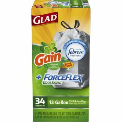 Glad ForceFlex OdorShield Tall Kitchen Drawstring Trash Bags, Gain Original, 13 Gallon, 34 Count