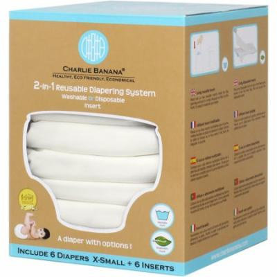 Charlie Banana 2-in-1 Reusable Diapering System, 6 Diapers and 6 Inserts, (X-Small), White