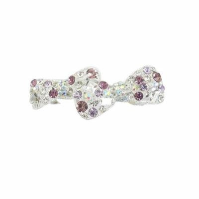 Purple Rhinestone Double Bow Tie Silver Tone Metal French Clip Hair Barrette