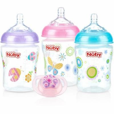 Nuby 3-Pack Natural Touch 9-oz Printed Baby Bottles with Comfort Orthodontic Pacifier, Girl, BPA-Free