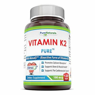 Pure Naturals Vitamin K2 Supplement - 100mcg, 120 Vegetarian Capsules Per bottle- Menaq7 MK7 Vitamin- Helps Utilize Calcium For Healthy Bones & Muscle Function