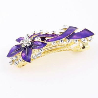 Wave Shaped Rhinestone Accent Purple Clip Hair Barrette Gold Tone