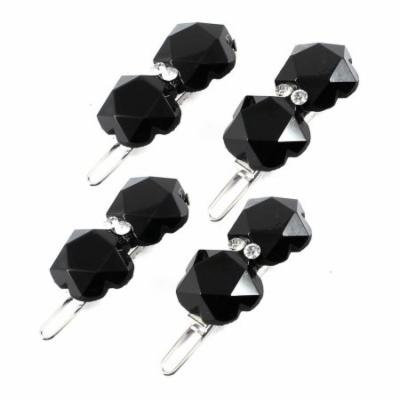 Women Black Floral Design Faux Crystal Accent Alligator Hair Clip 2 Pairs