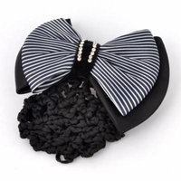 Black White Stripe Polyester Bowknot Detail Barrette French Hair Clip w Nylon Snood Net