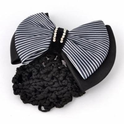 Black White Stripe Polyester Bowknot Detail Barrette French Hair Clip w Nylon Snood Net