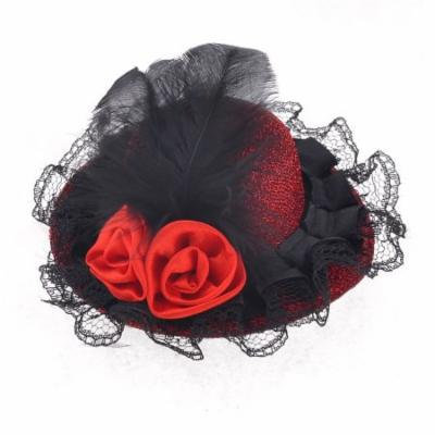 Black Lace Red Flower Mini Hat Top Alligator Hair Clip Barrette for Ladies