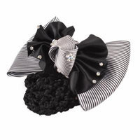 Rhinestones Inlaid Ruched Bowknot Snood Net Barrette Hair Clip White Black