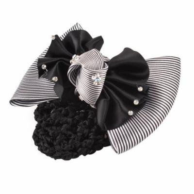 Rhinestones Inlaid Ruched Bowknot Snood Net Barrette Hair Clip White Black