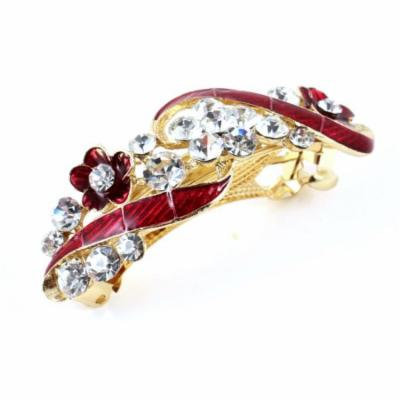 Woman Girl Flower Plastic Rhinestone Inlaid Barrette French Hair Clip Red
