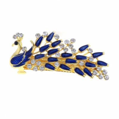 Woman Royal Blue Peacock Shaped Metal Barrette Hairclip French Clip Gold Tone