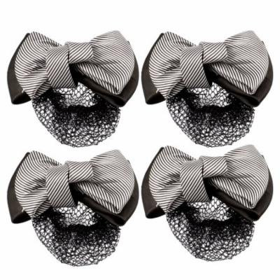4 Pcs Coffee Color Stripe Print Bowknot Snood Net Barrette Hair Clip for Lady
